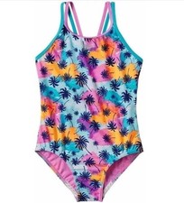 Speedo Girls One-Piece Swimsuit XL 16 Multi Palm Pink Blue Thin Straps