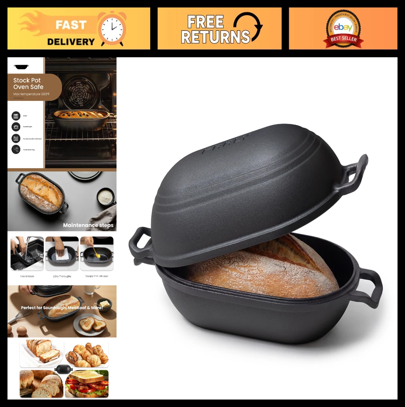 Pre-Seasoned Cast Iron Loaf Pan with Lid - 11x7 Inch Sourdough Bread Baker, Heav