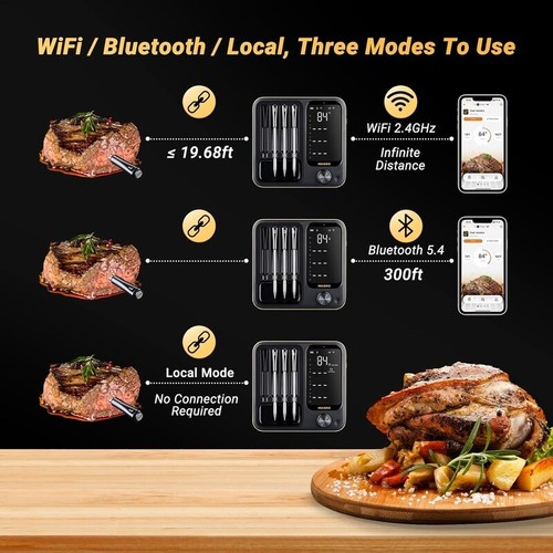 Wireless Meat Thermometer W/ 4 Probes Bluetooth Wifi Digital Cooking Device New - Picture 2 of 9