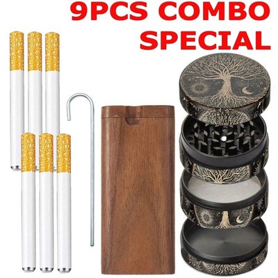 9PC Ceramic Dugout One Hitter + Aluminum Herb Grinder Cigarettes Grinder Pocket