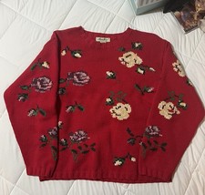 Vintage 90s Eddie Bauer Women  s Floral Rose Heavyweight Cotton Ragg Sweater sz S