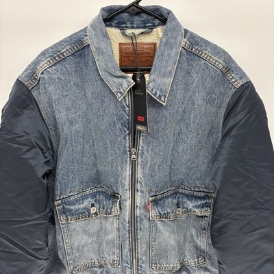 New Levis Premium Denim A-2 Bomber Jacket Sherpa Lined Zip Coat Retro Men XL