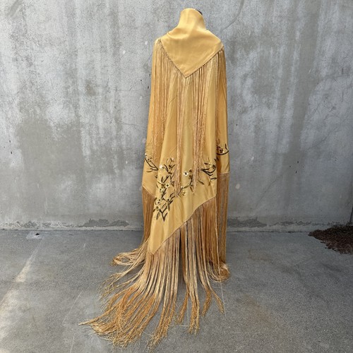 Antique Piano Shawl Orange Silk With Gold Metallic Embroidered Flowers Vintage