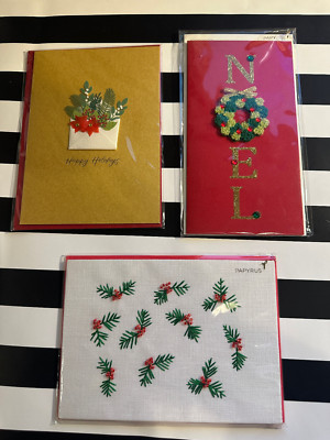 3 PAPYRUS Christmas 3D Cards | Happy Holidays | Stitched Holly | Noel Wreath
