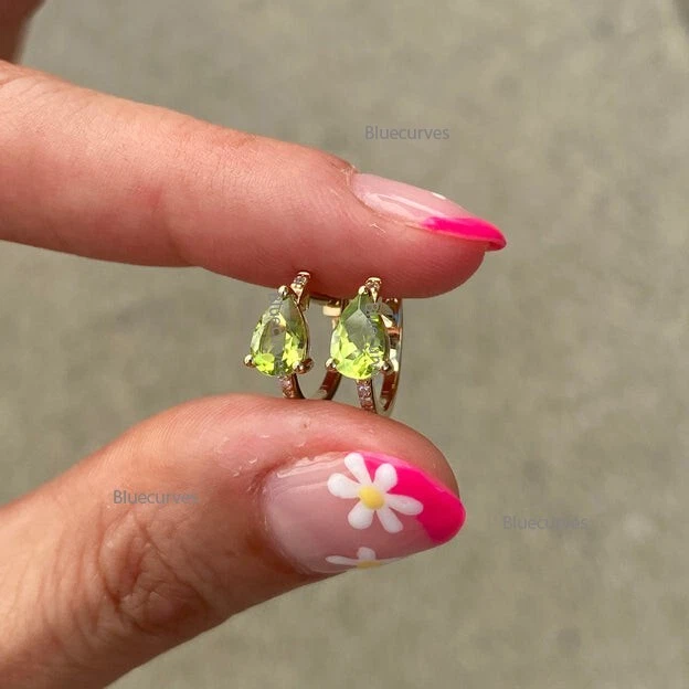 New Pear Cut Real Peridot & Natural Diamond 14K Yellow Gold Hoop Huggie Earrings - Image 2 of 4