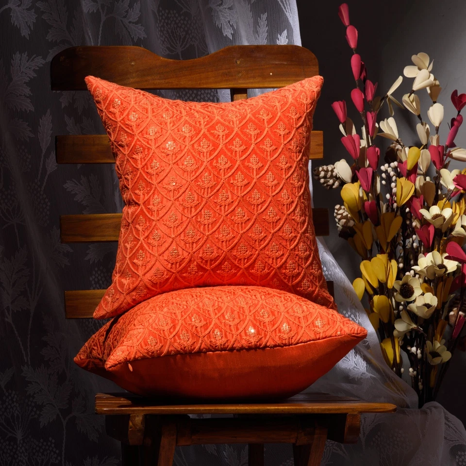 SCARLETT LINENS embroidered throw pillow 18x18 20x20 silk orange pillow cover 2p - Image 4 of 4