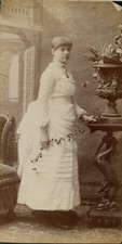 Victorian Woman in Fine White Bride  Dress, Heron Stand, Vase, Vintage Photo