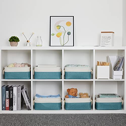 Fabric Baskets for Organizing Closet Set of 6 Small Storage White&Teal Blue - Picture 5 of 7