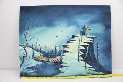 House on Cliff and Bridge Acrylic Painting 20x16" Mountains Blue Birds - Picture 8 of 11
