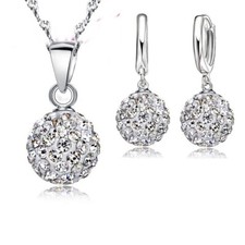 Sterling Silver Crystal Necklace Pendant Round Bridal Earrings Women Jewelry Set