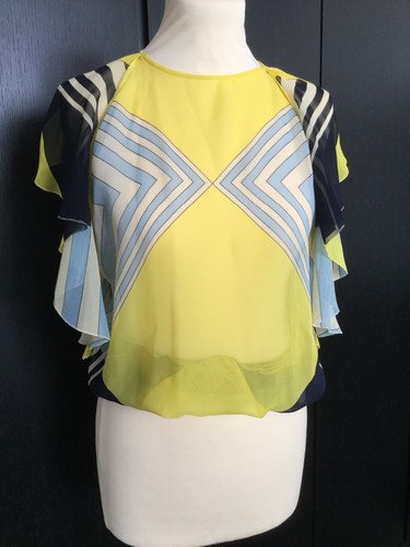 MISSONI YELLOW/NAVY/WHITE/BLUE STRIPED CHIFFON TOP - ICONIC ELASTICATED WAIST - Picture 4 of 9