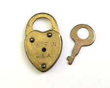 Vintage Miniature Brass Heart Shape Brass Padlock Lock & Key Diary Made in USA
