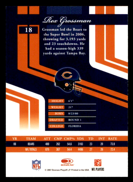 2007 Donruss Elite Rex Grossman    #18 Chicago Bears - Image 2 of 2