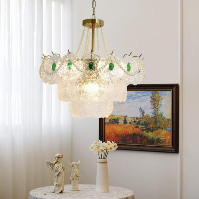 24'' Gold Retro Crystal Chandeliers 8 Lights Peacock Texture Glass Pendant Light