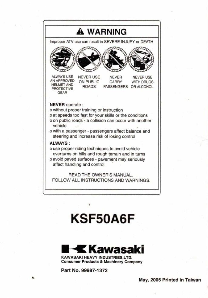 New OEM Genuine Kawasaki Owner's Manual KFX50 KSF50 2006 | eBay