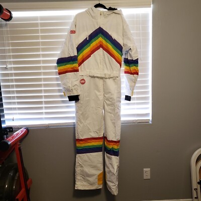 Tipsy Elves Mens XL Sunrise Shredder Ski Snow Suit Rainbow Retro White