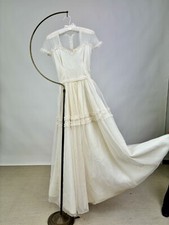 Vintage 1950s White Taffeta Wedding Dress Gown Full Skirt Ruffles Illusion AS IS