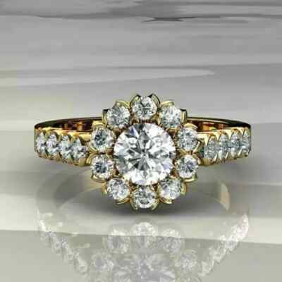 2.50Ct Round Cut Halo Real Moissanite Engagement Ring 14K Yellow Gold Plated