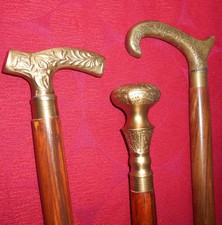 Lot of 3 Vintage Nautical Style Brass Handle Brown Wooden Walking Cane Stick