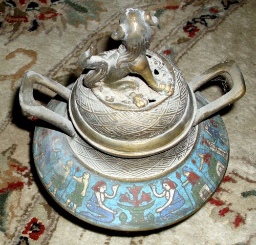 Antike Cloisonne Champleve verziert Bronze Weihrauch Brenner Japan gealterte Patina - Bild 3 von 12