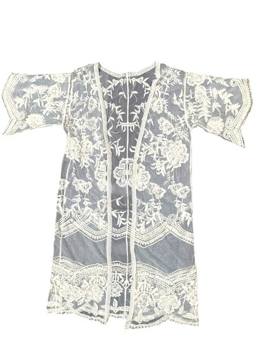 CCC Sheer Ivory Floral Embroidered Long Kimono Cardigan Cover Up Poncho Shawl OS - Picture 5 of 8
