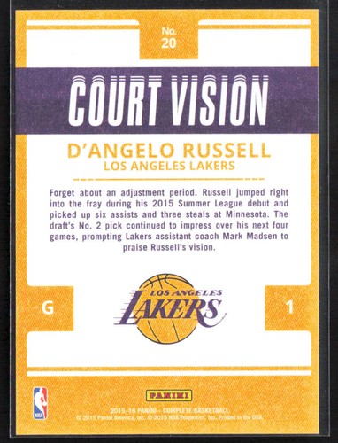 2015 Panini Complete D'Angelo Russell #20 Court Vision - Picture 2 of 2