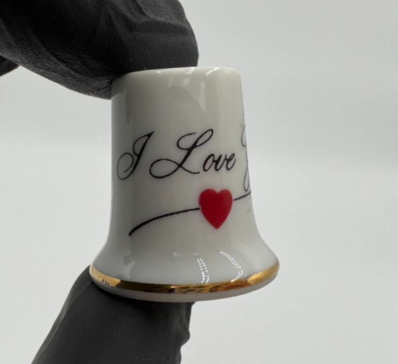 Vintage Thimble Porcelain I Love You with A Red Heart Gold Trim Band Bell