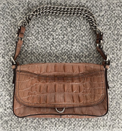 Miu Miu Vintage Tan Crocodile Embossed Small Shoulder Bag Handbag Chain Handle