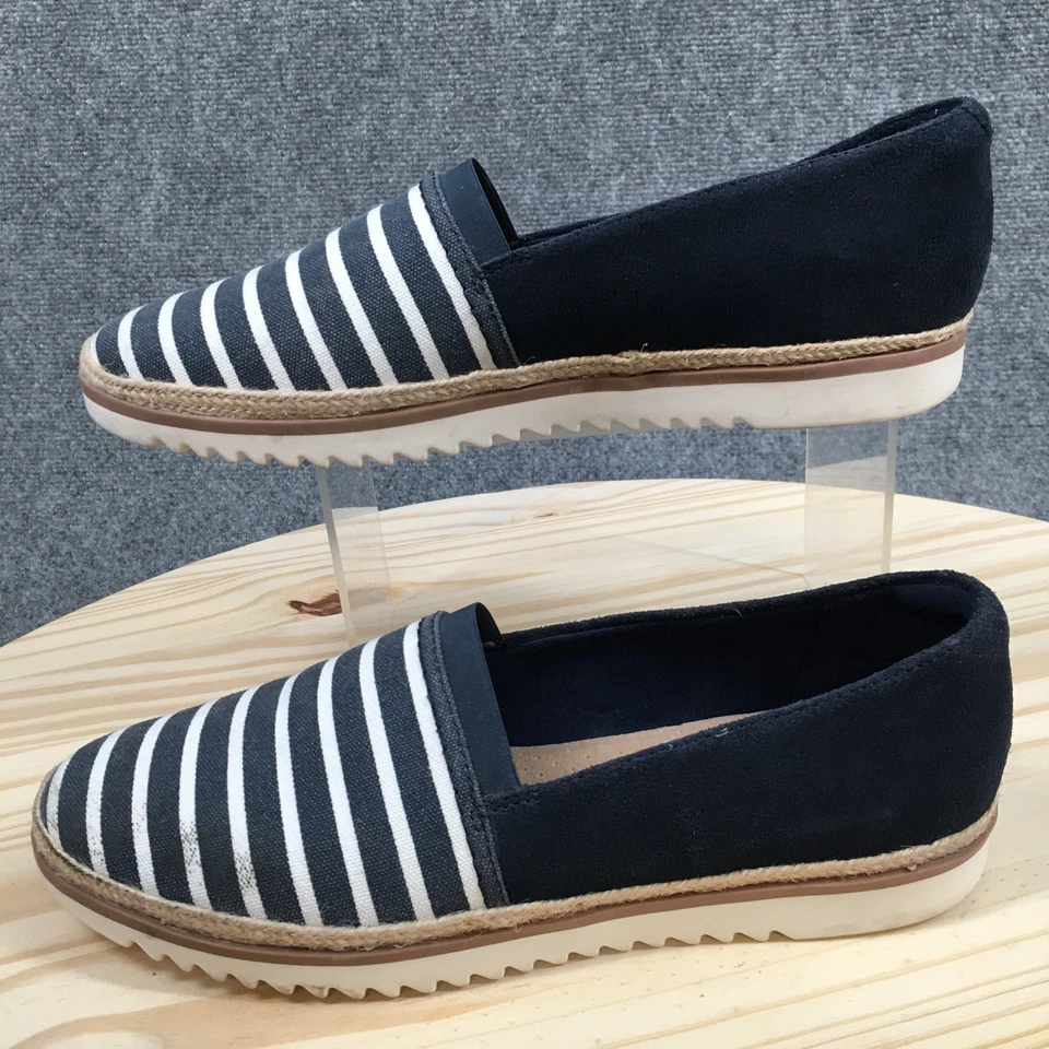 Clarks Mujer 9.5 Azul Blanco Rayas Azul Marino Alpargata Planos Informales Zapatos Sin Cordones Foto 2 de 4