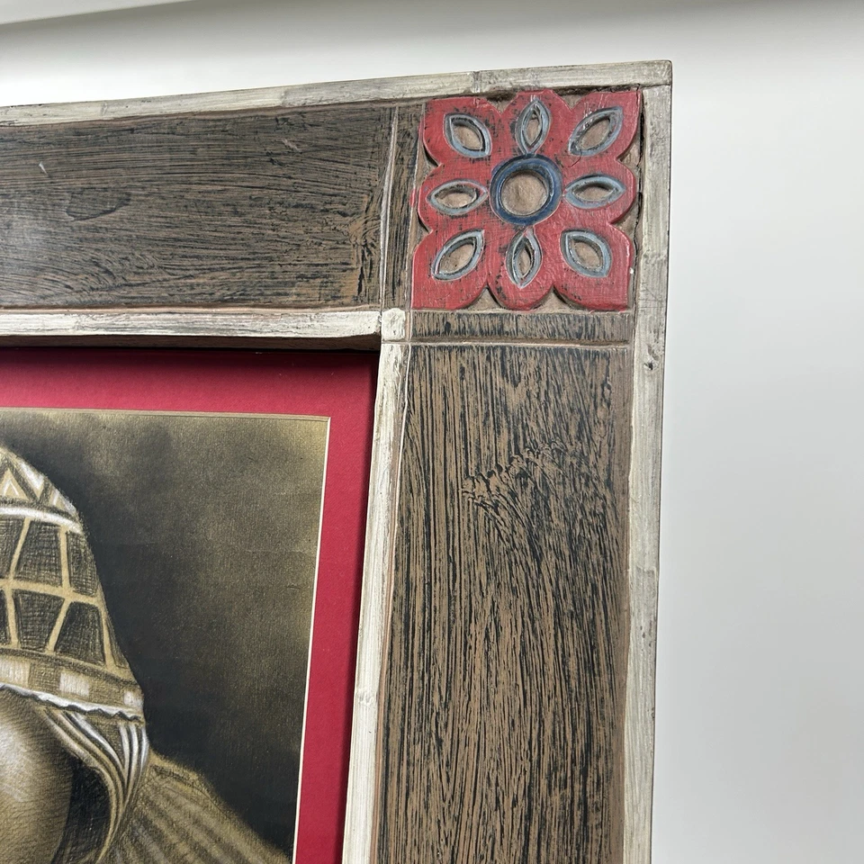 1961 Vintage Original Drawing Child in Chullo Hat LARGE Hand-Carved Frame #144 - Image 4 of 4