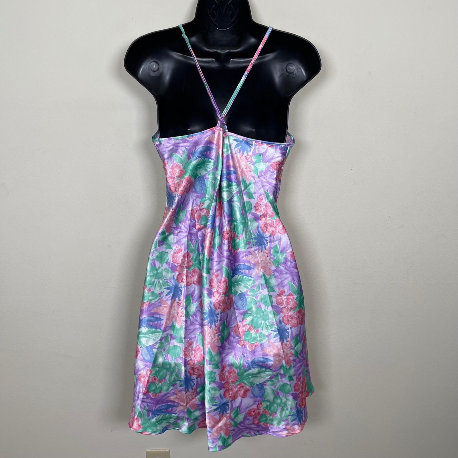 Vintage Secret Treasures Floral Satin Mini Slip Dress L Pastel Pink Purple Y2K