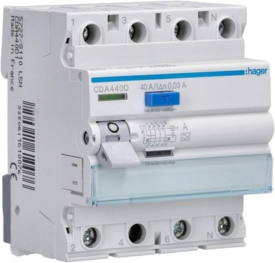 Hager Fehlerstromschutzschalter, 4-polig, Typ A - 40A (CDA440D)