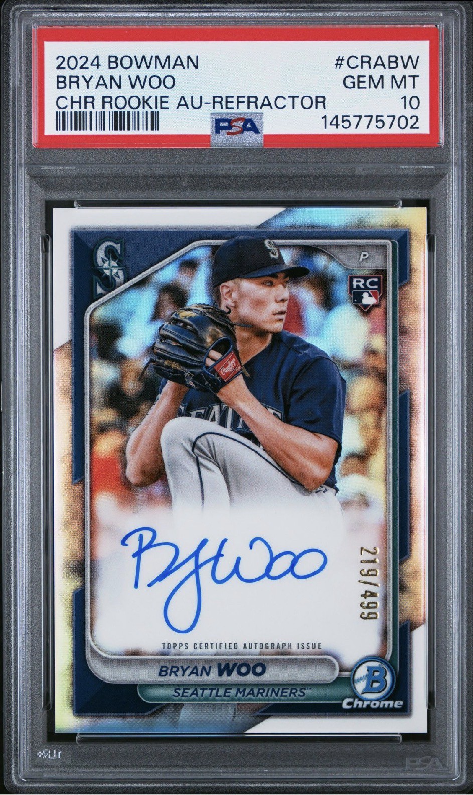 2024 Bowman Chrome Rookie Autograph Bryan Woo #CRA-BW Refractor /499 Psa 10