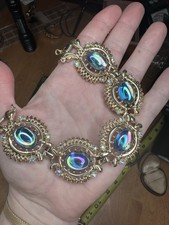 *RARE* Vintage Coro Blue Peacock Glass Cabochon w/ AB Rhinestone Bracelet