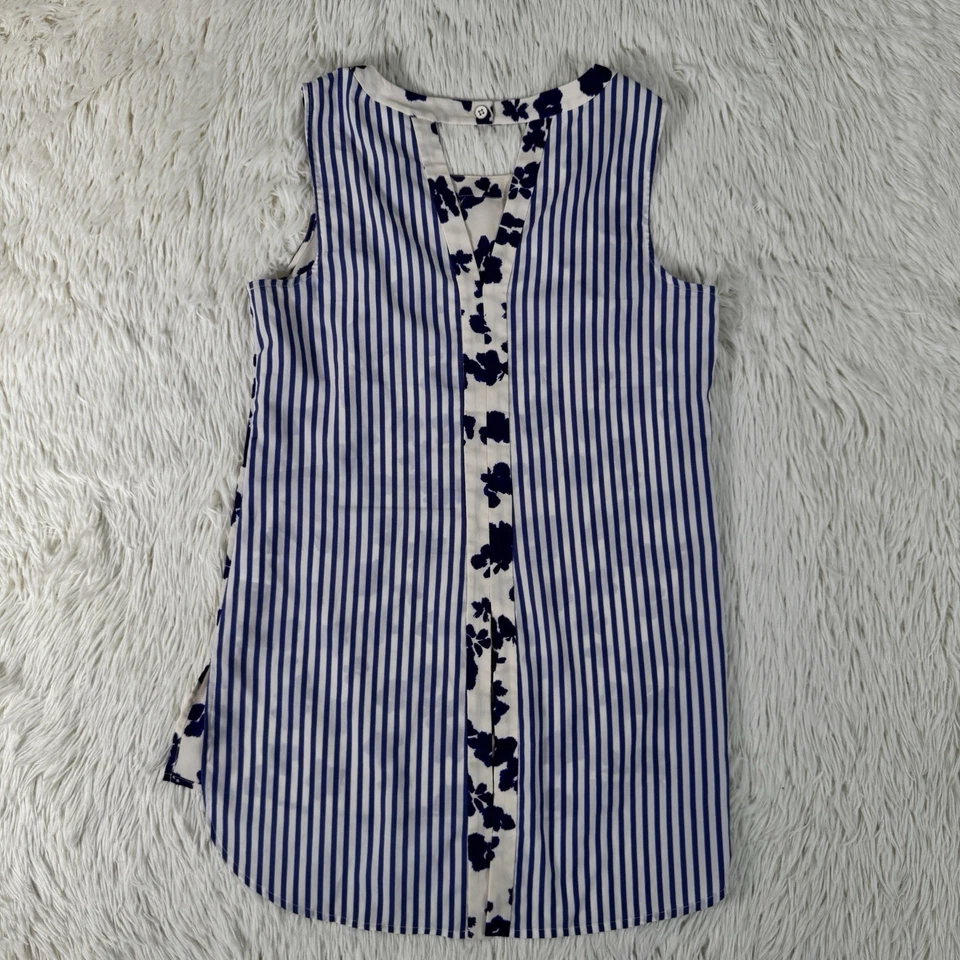 Blusa para mujer Cabi blanca azul estampado geométrico sin mangas cuello redondo talla pequeña Foto 4 de 4