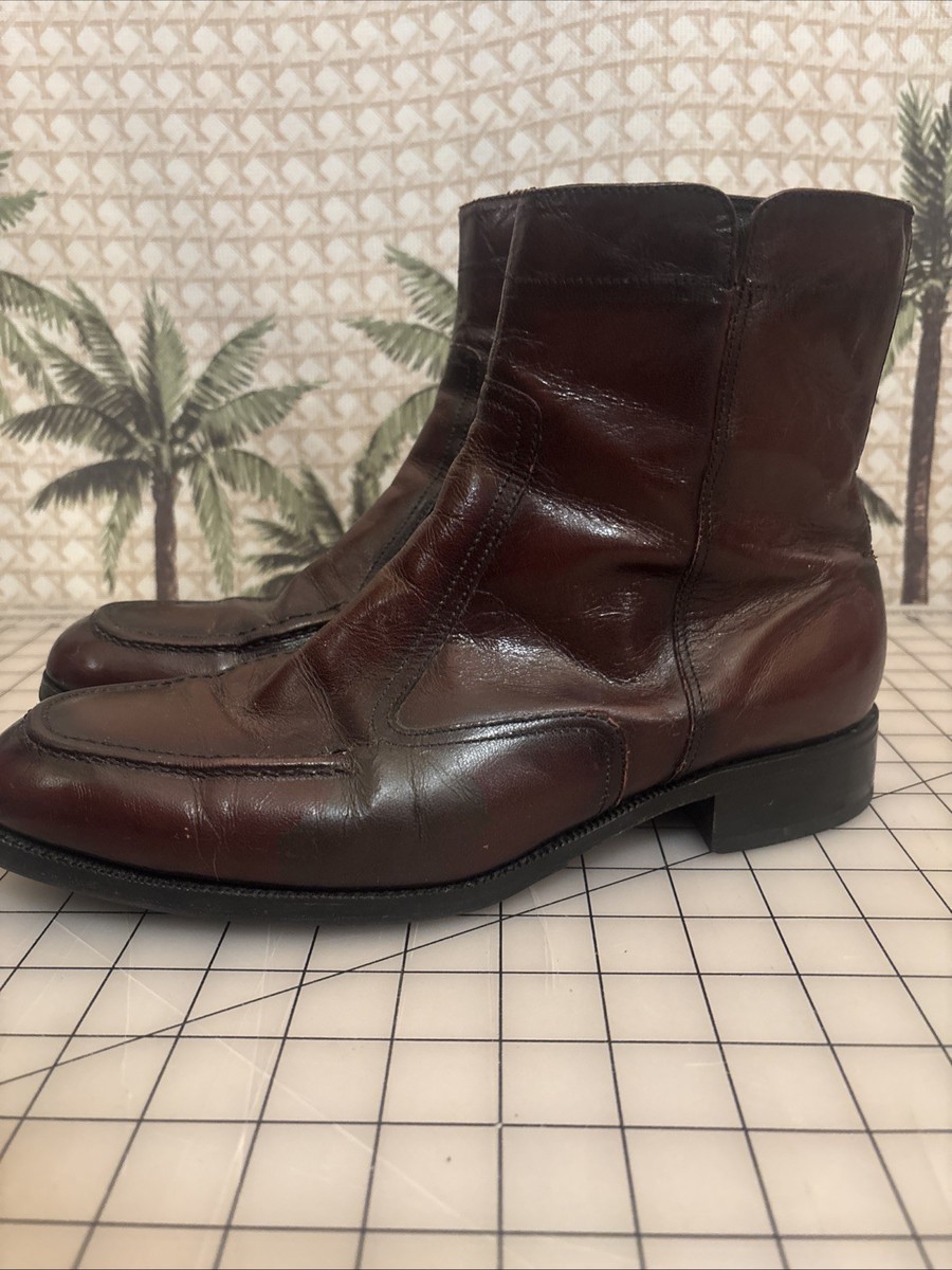 Vintage FLORSHEIM Leather Side Zip Reddish Brown Beatle Boots Mens