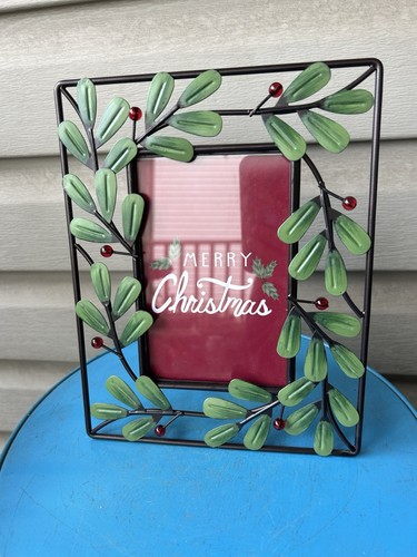St. Nicholas Square Christmas Holly Beads Holiday Metal Photo Frame 9" Holds 4x6
