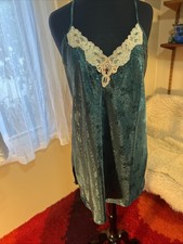 Vtg 80  s Angelique Satin Slip Dress Nightgown Forest Green Brocade Large USA