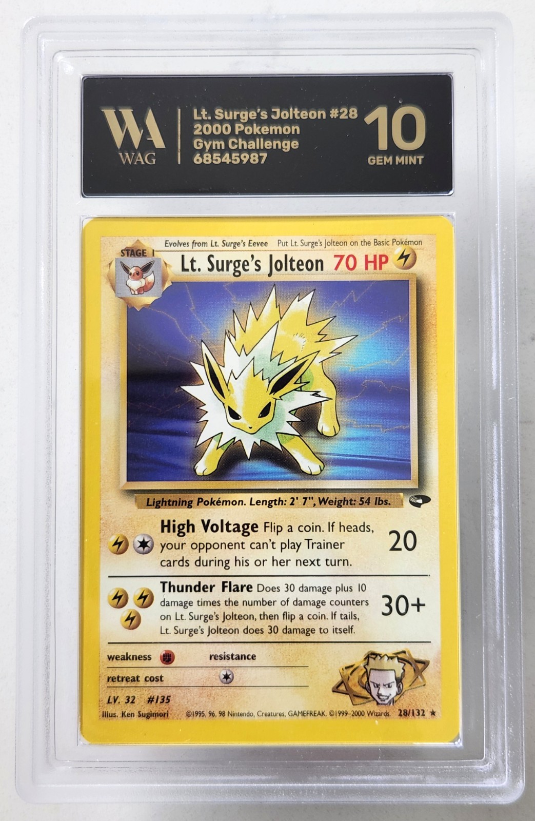WAG Graded Gem Mint 10 TCG Pokemon Gym Challenge Lt. Surge's Jolteon Rare #28