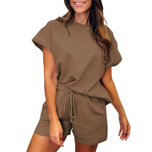 Women's Outfits Sets Casual Short Sleeve Shirts Shorts Cozy Pajamas SweatsuitSet - Picture 13 of 80