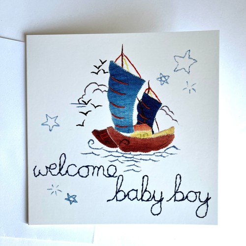 WELCOME BABY BOY CARD;NEW; DESIGNER VINTAGE STYLE; BLUE/CREAM; CUTE;BOAT;BLANK - Picture 3 of 7