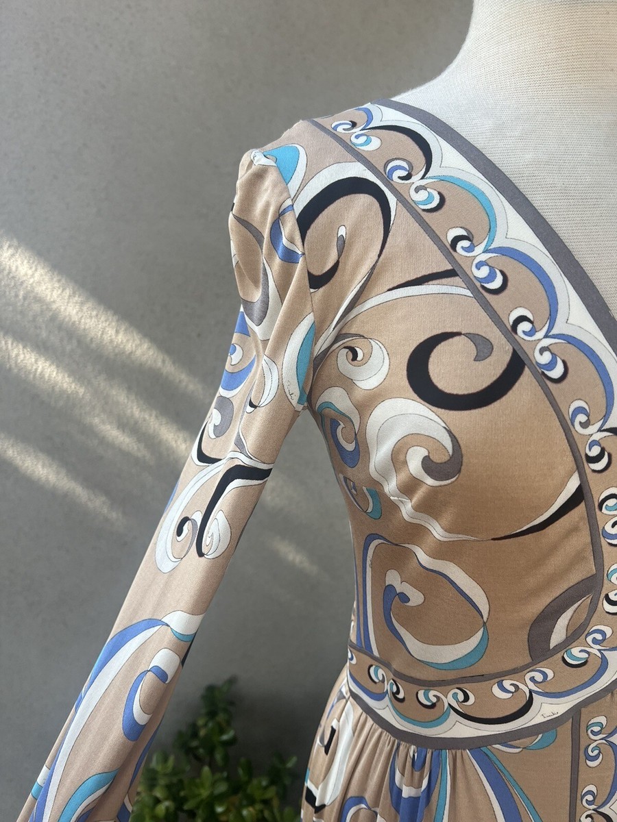 Vtg Mod 70s Emilio Pucci Maxi Dress Beige Blue Silk Polyester Sz