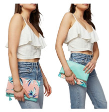 NWOT RACHEL PALLY Tropical Paradise Mint Leather Tassel Reversible Clutch Resort