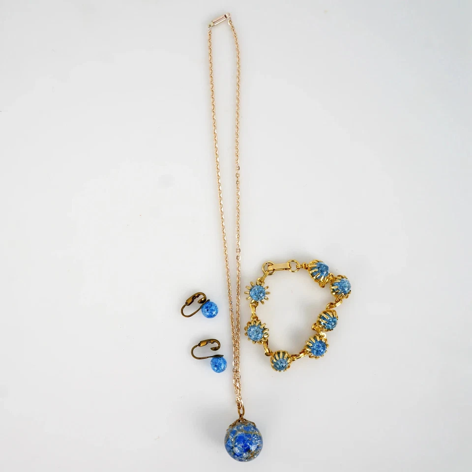 Conjunto de joyería vintage de cuentas de vidrio de hielo agrietado azul Foto 2 de 4