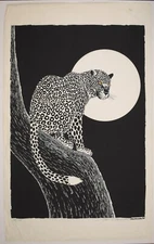 Leopard and Full Moon Limited Serigraph on Rice Paper by James F Omohundro 1977