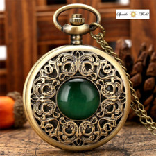 Classic Jade Green Stone Carved Pattern Bronze Quartz Pocket Watch Gift