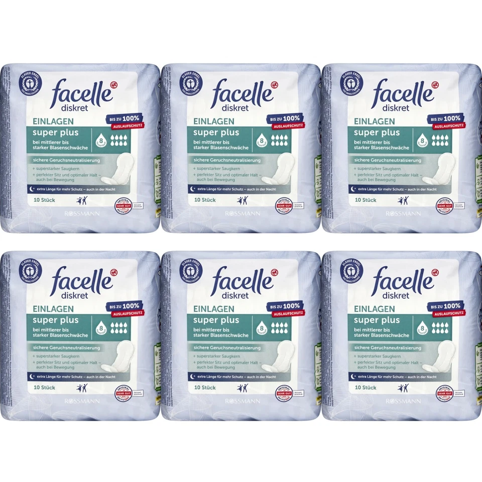6 x 10 Stück | facelle diskret Einlagen super plus | superstarker Saugkern