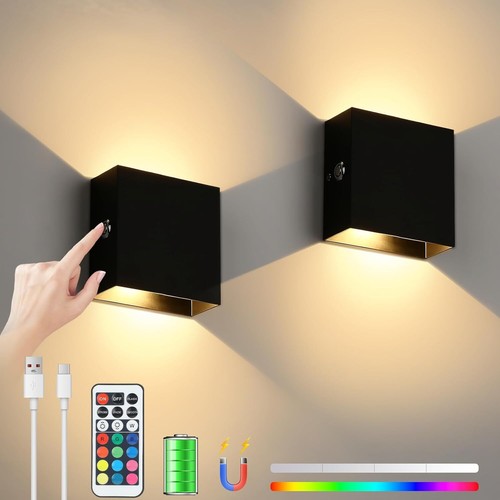 1 2 Pack RGB Wall Lights with Remote Indoor Rechargeable Up and Down Lamp Sconce - Picture 4 of 12