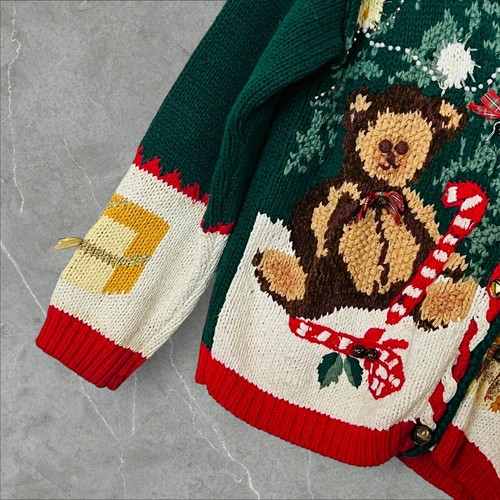 VTG Heirloom Collectibles Christmas Green Bear Bells Cardigan Sweater Women's MD - Picture 3 of 8