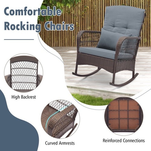 3PCS Rocking Chair Patio Outdoor Garden Bistro Set Rattan w/2-Tier Coffee Table - Picture 6 of 10